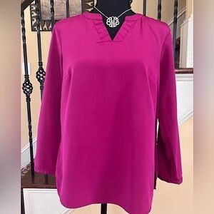 Lands End Fuchsia Satin V Neck 3/4 Sleeve Blouse
